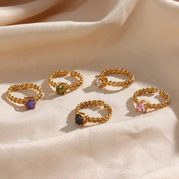 Olive Green Cubic Zirconia Woven Chain Adjustable Ring 18K Gold Plated Steel - Picture 7 of 10